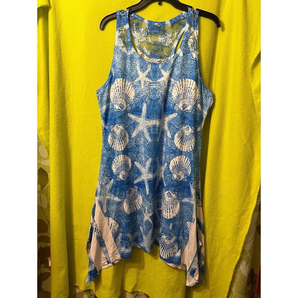India Boutique Beach Cover Up Dress Summer Seashells Blue White
